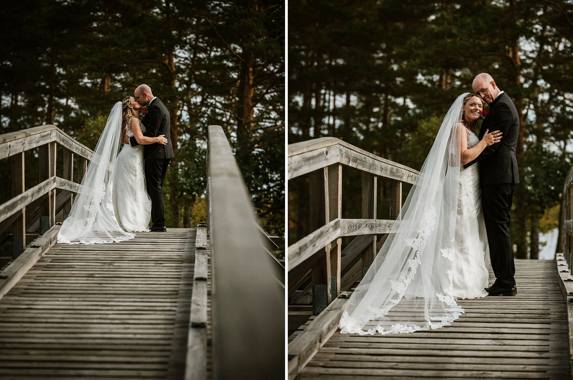 Bröllopsfotografering på en bro vid en sjö i skogen i Småland